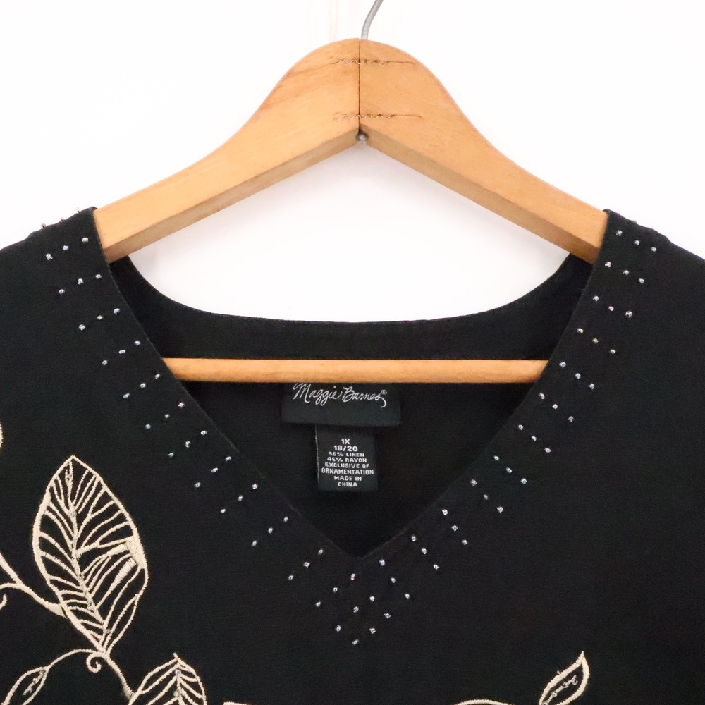 Maggie Barnes Black Linen Blend Tunic Top‎ Embroidered Beaded Plus Size  1X - Picture 4 of 11